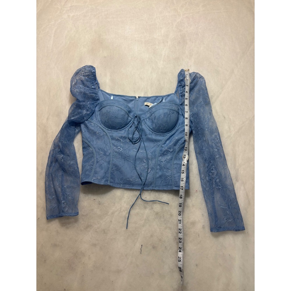 Chelsea & Violet Blue Lace Corset Top Long Puff Sleeve Sweetheart Size 4 NWT - Picture 8 of 13
